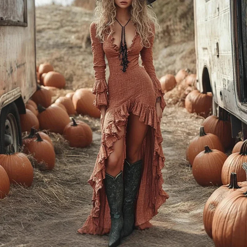 Ethnic Retro Solid Ruffle Irregular Dress Women Spring V Neck Slim Party Long Dress Autumn Long Sleeve Boho Maxi Dress 250730