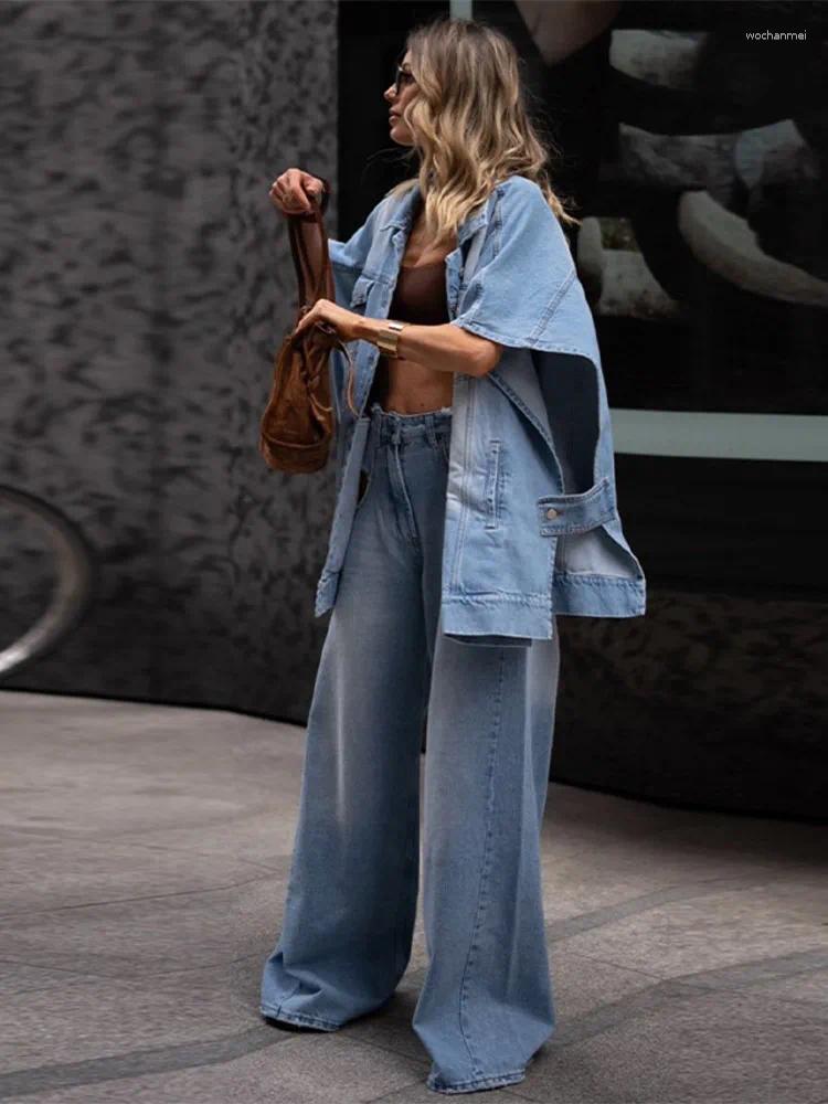 Women's Two Piece Pants Fashion Woman's Denim Sets Turn-down Collar Irregular Single Breasted Jackets High Waist Hollow Out Jeans Female