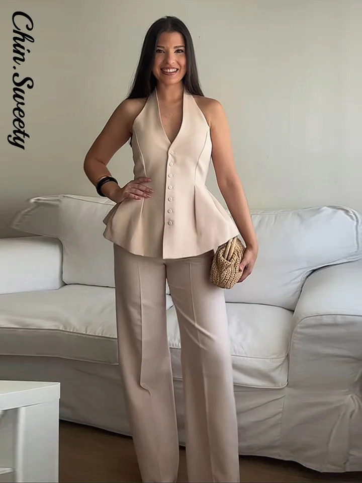 Fashion Womens Trouser Suits Sleeveless Halter Top Straight Pants VNeck Lady Sets 2025 Spring Summer 2 Piece Set Women 250724