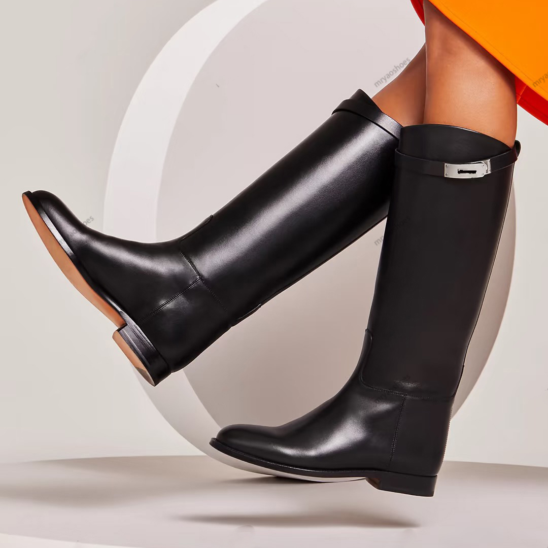 10A all Calfskin Knight Boots For Designer Women Half Boots Cowhide Leather Autumn And Winter Fashion Slip-On Round Toes Classic High Quality Shoes
