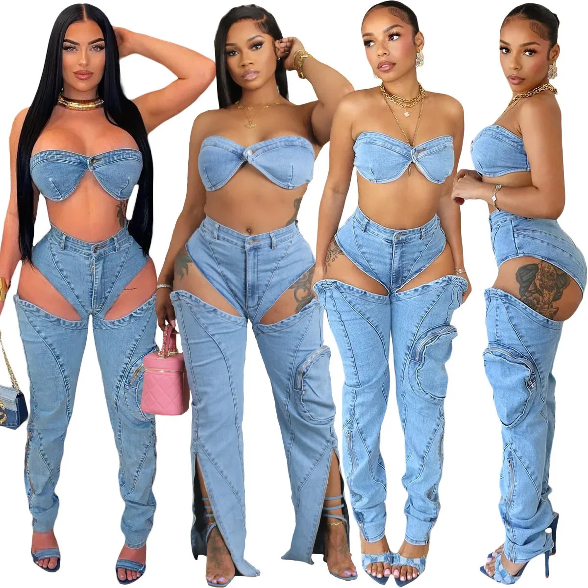 Denim Pants Sets for Women 2024 Sexy Streetwear Two Piece Set Outfits Chest Wrap Sleeveless Backless Top Hollow Out Jeans 250724