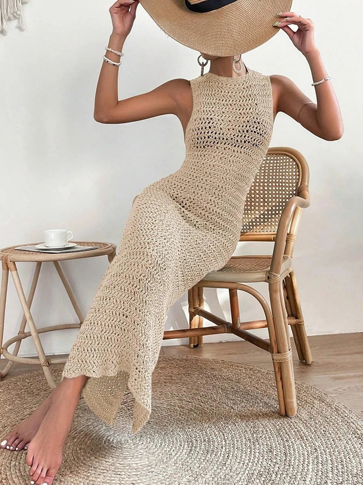 Robe à la mode et élégante Hollow Out avec tour de cou rond à tour de taille en jupe sans manches laine slim pour femmes 250730