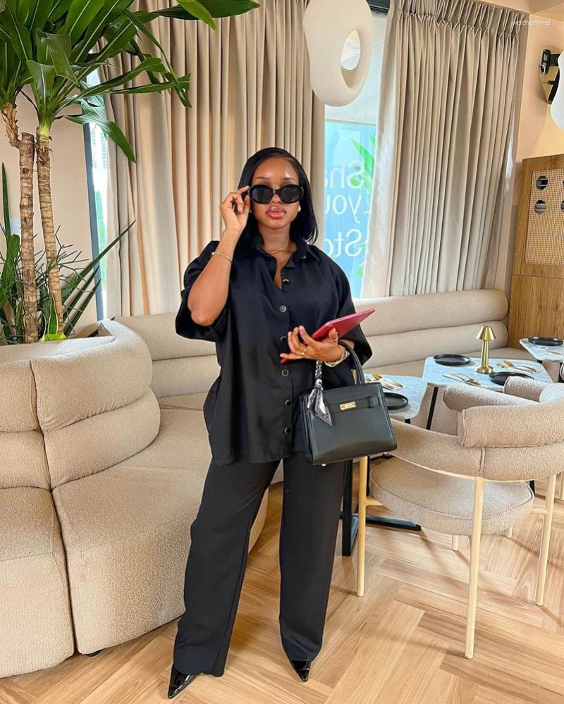 Women's Two Piece Pants Fashion Black Women Sets Outfit Half Sleeve T Shirt And Wide Leg Suit Summer 2025 Office Wear Lounge 2 Set