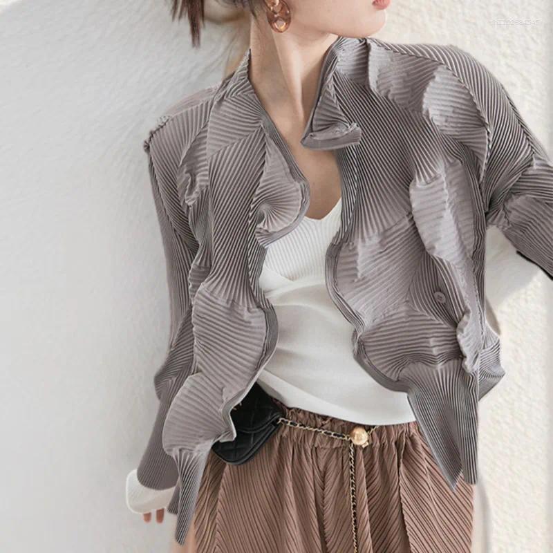 Women's Jackets Irregular Pleated Women Coat 2025 Autumn Item Solid Color Lapel Long Sleeved Chic Casual Original Design Female Top