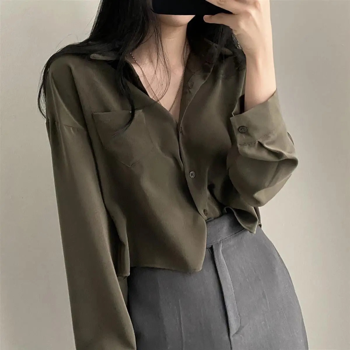 Long Sleeved Shirt And Blouse Simple Single Breasted Loose Casual Solid OL Trend Short Top Simple Elegant Fashion Women Clothes250723