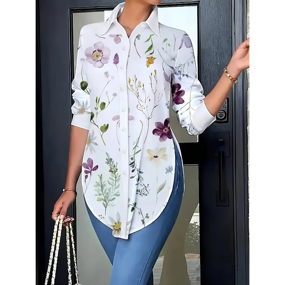Plus Size 1XL-5XL Women's Long Sleeves Floral Print Elegant And Versatile Shirt Ladies Casual Blouse Shirt Top