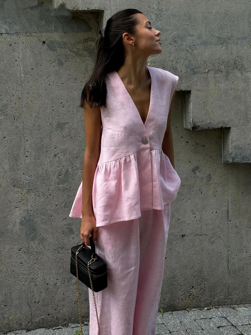 2025 New Women V-Neck Sleeveless Top Vest Trousers Suit Two Peice Sets Women Summer Spring Pure Color Vest + Pant Two-Piece Suit