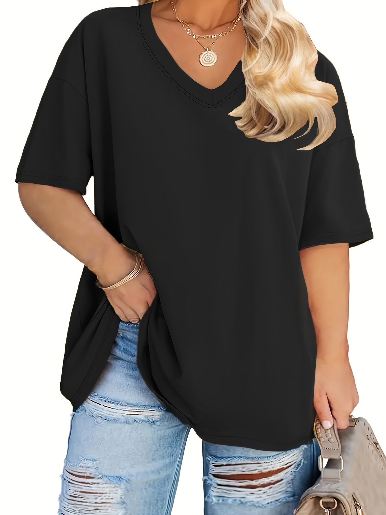 Women's Plus Size V Neck Solid T-Shirt Summer Female Basic Soft Tees Women Casual Multicolour Short Sleeved Tops