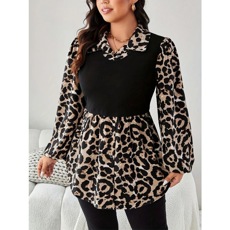 Plus Size 1XL-5XL New Summer Women's Fashion Leopard Print Long Sleeved Shirt Women Casual Button-Up Shirt