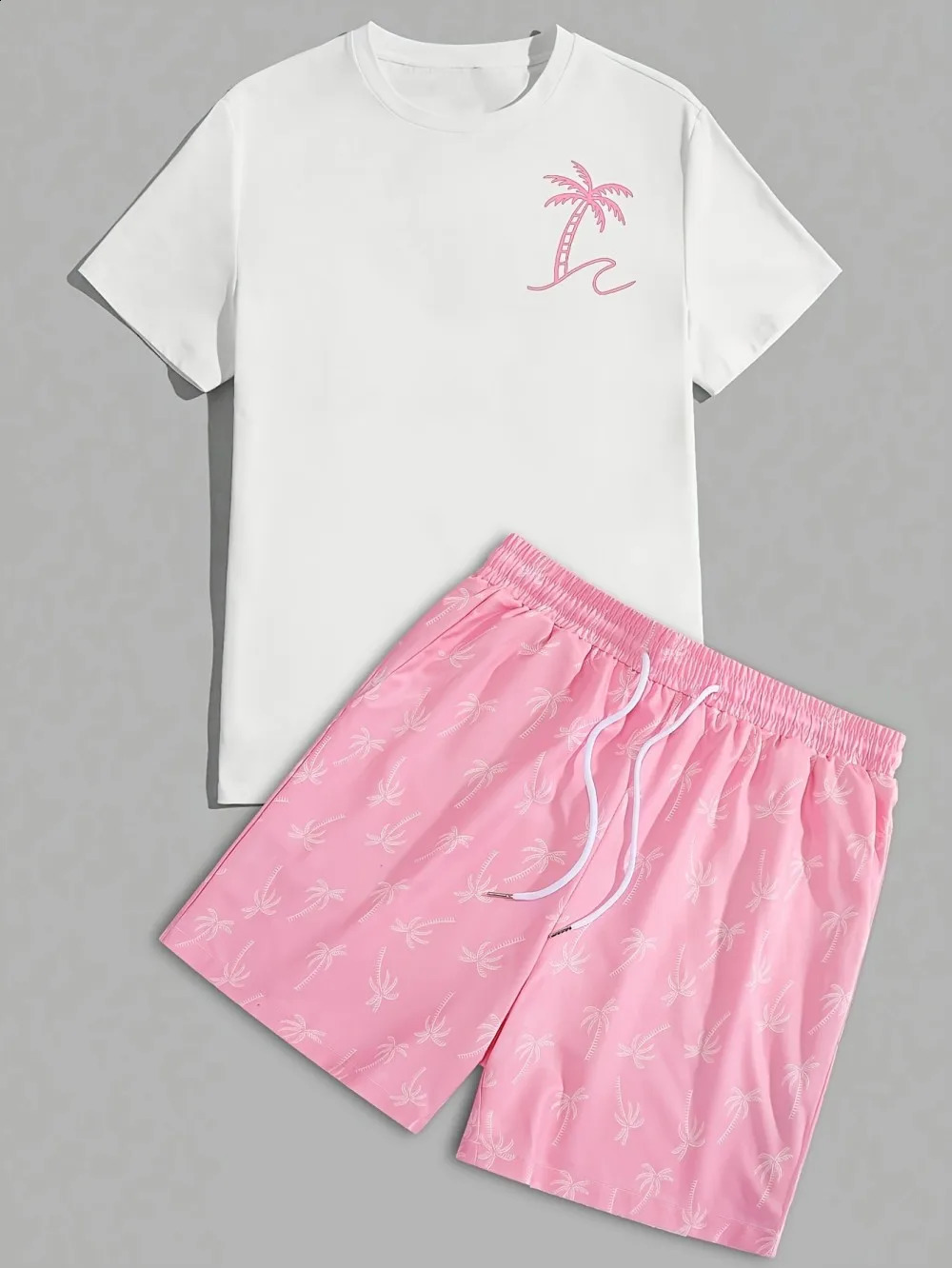 Summer mens coconut tree printed round neck breathable short sleeved Tshirt and irregular shorts twopiece set 250724