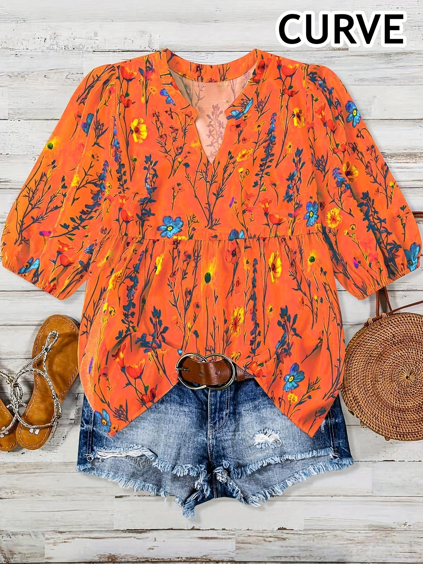 Plus Size Summer Autumn Women's Bishop Sleeve Fashion Floral V-Neck Blouse Women Flower Print Elegant Casual Shirt