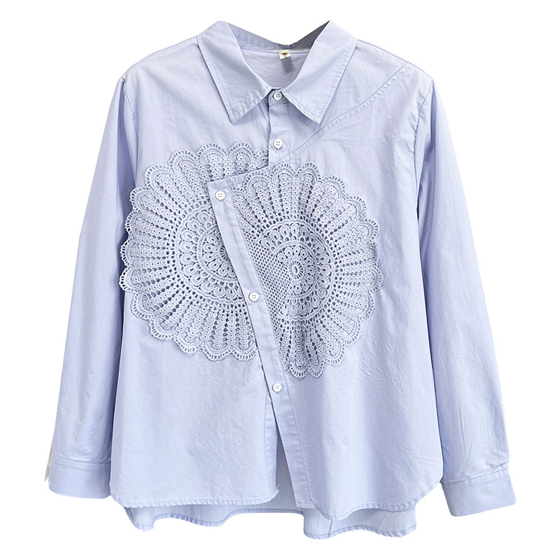 Spring Plus Size Women's Blouses New Design Lace Flower Long Sleeved Cotton Shirt 100kg Casual Tops 6177