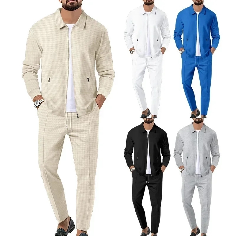 Men Two Piece Sets Pant Set Turn Down Collar Full Sleeve Solid Zipper Open Stitch Coats Long Pants Elastic Waist Lace Up Autumn y250703
