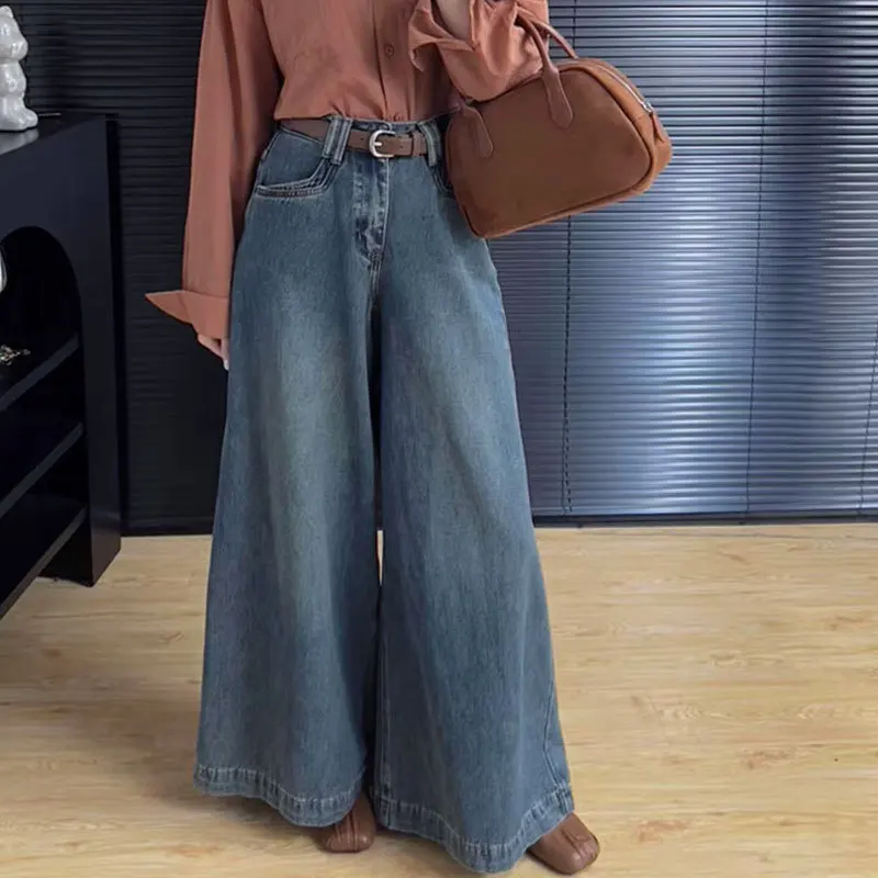 Niche High-Waisted Straight-Leg Plus Size Jeans Women's Loose-Fit Wide-Leg Vintage Blue Dragging Long Pants Autumn