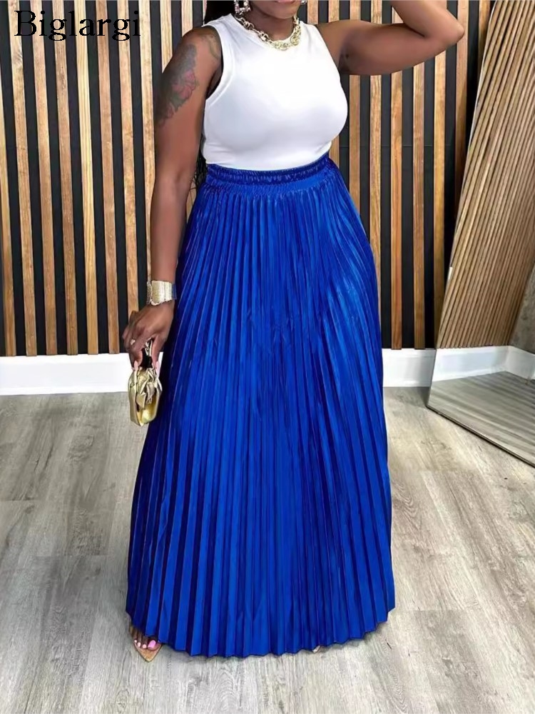 Plus Size Summer Skirts Women Loose Pleated Ruffle Fashion Ladies Skirts Elastic High Waist Woman Long Skirts
