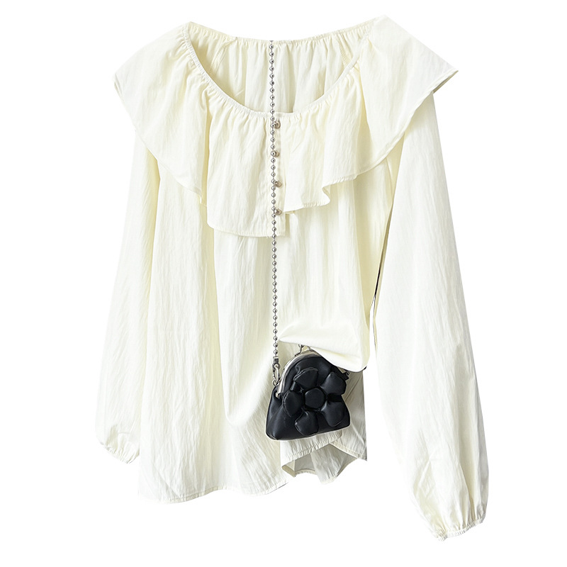 Spring 2025 100KG New Plus Size Blouse Stylish Ruffles O-NECK Long Sleeved Shirt For Women 6522