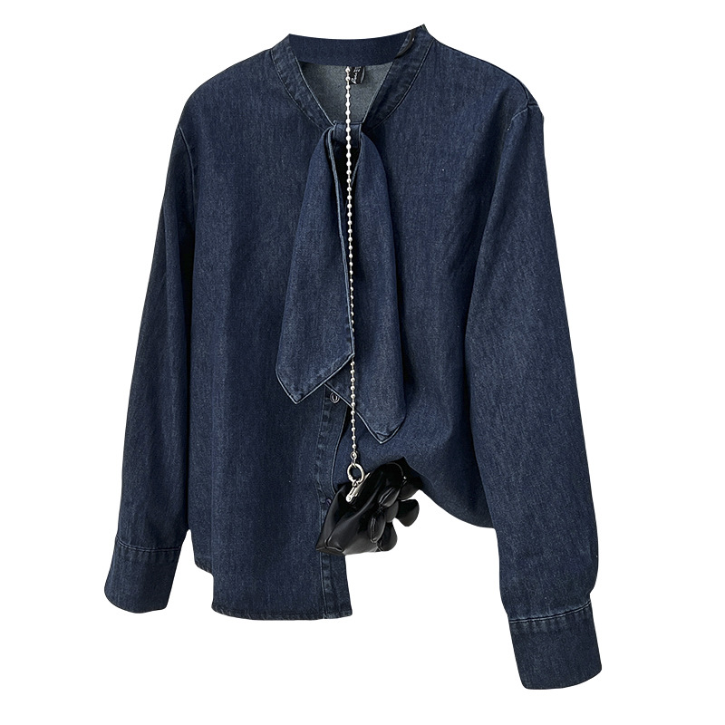Spring New Plus Size Blouses Stylish Ribbon Denim Shirt 100KG Women's Casual Long Sleeve Tops 2504