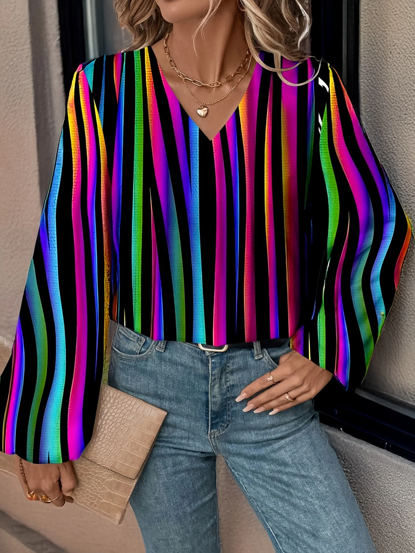 Plus Size 1XL-5XL Women's Print Elegant Colorful Striped T-shirt Women V-neck Color Checkered Print T-shirt