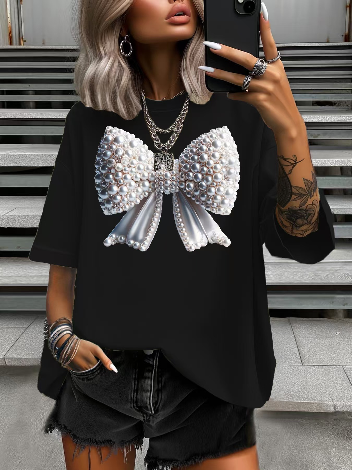 Summer Women's Plus Size T-Shirt Original Design Fashion Pearl Bowknot Printed Women's Casual Soft Round Neck Short Sleeved Tops