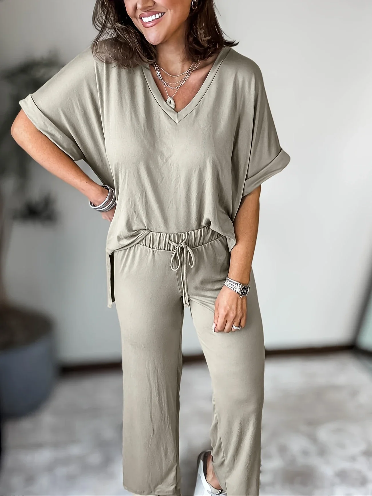 Plus Size 1XL-5XL Women's Fashion Beige V-Neck Short Sleeve Top & Wide Leg Pants Set Women Spring Summer Casual Outfit