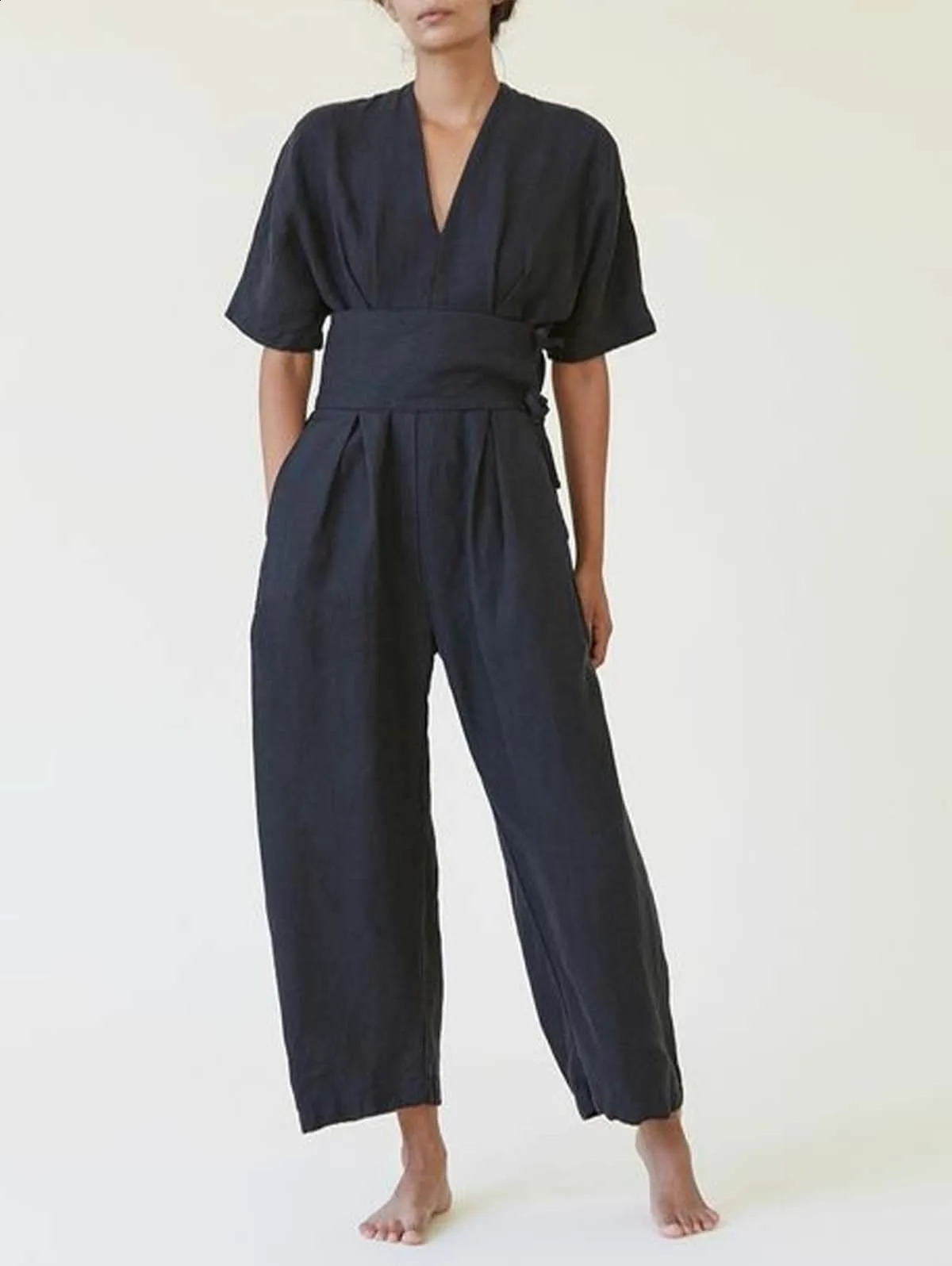 Cotton Linen Jumpsuits for Women Straight Pants Vintage V Neck Belt Loose Romper Summer Boho Beach Casual Overalls Jumpsuit 250730