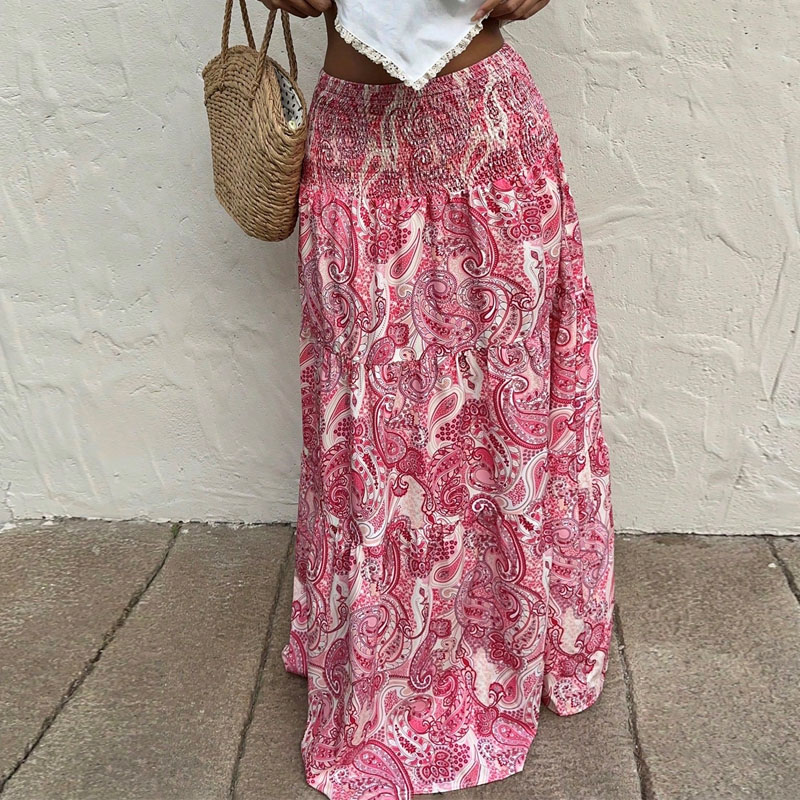 2025 Summer Comfortable Long Skirt Fashion Elegant Soft Women Skirt Pink Print High Elastic Waist A-LINE Skirts for Women Faldas