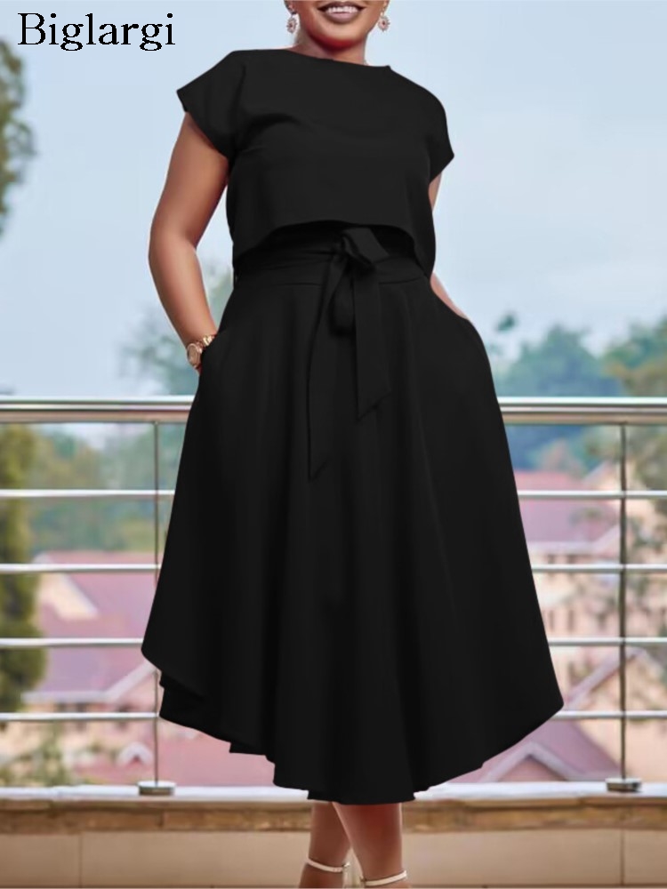 Plus Size Summer 2 Two Piece Set Women Casual Fashion Ladies Cropped Blouses Ruffle Pleated Loose High Waist Woman Long Skirts