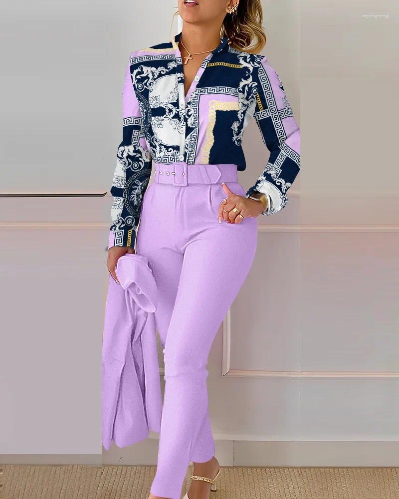 Women's Two Piece Pants Women Shirt Set Autumn Elegant Fashion V Neck Floral Print Long Sleeve High Waist Office Lady Casual Trousers Suits