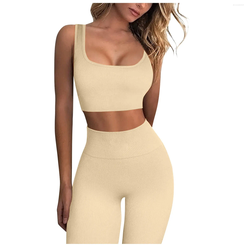 Women's Two Piece Pants High Waist Fashion Solid Color Slim Fit Short Tank Top And Long Trousers Sports Suits For Women Breathable Soft