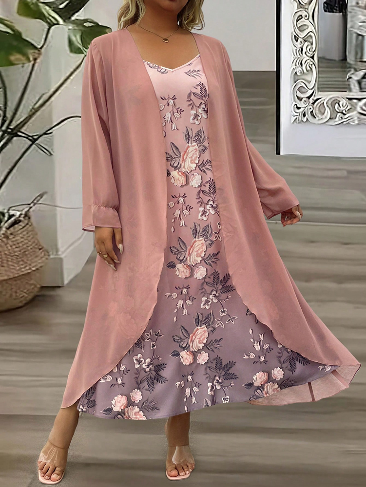 plus Size Spring Autumn Elegant Lace Chiffon Dress Two-Piece Set Fashionable And Stylish Clothing for Women