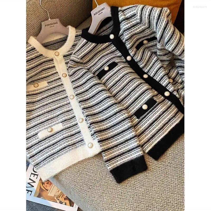 Women's Sweaters Spring And Autumn Chic Striped Small Fragrance Sweater Cardigan Winter Splicing Contrasting Top