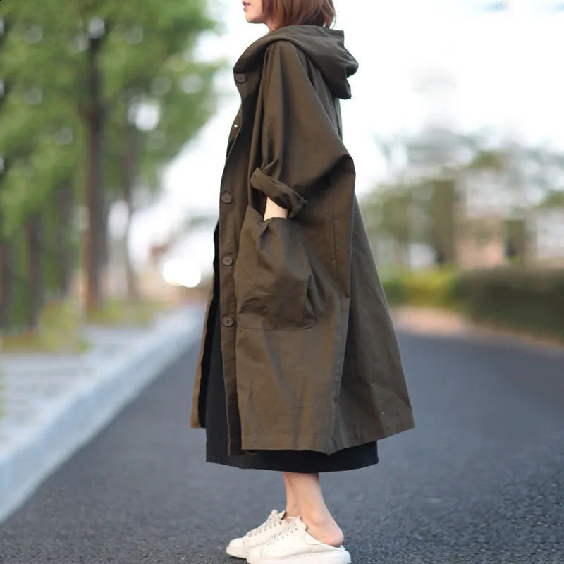 Hooded Trench Coat Womens Autumn Loose Pocket Minimalism Comfortable Long Casual Harajuku Solid Color Street Fashion 250730