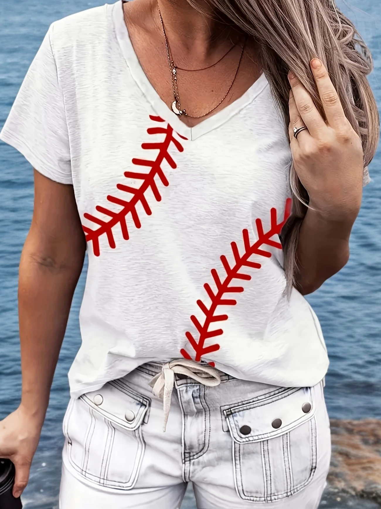 Plus Size 1XL-5XL Women's All Season Casual V-Neck Polyester Red Needle Print Women Fashion Slight Stretch T-shirt