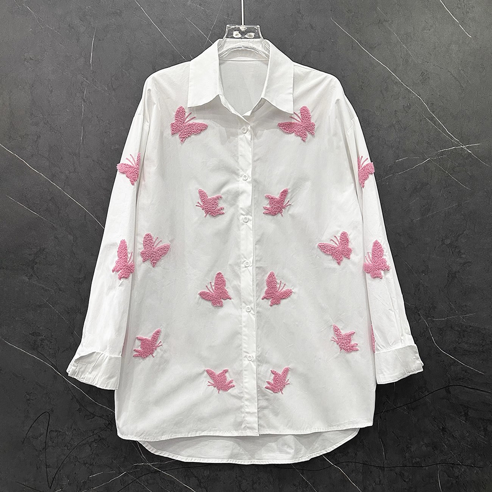 Plus Size 2025 Summer New Sweet and Casual Appliques Pink Butterfly Long Sleeve White Shirt for Women Loose Top