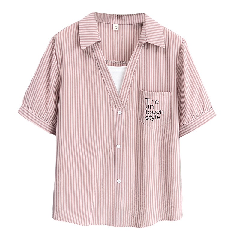Plus Size Blouses Summer New Style Casual Embroidered Letter Pocket Fake two-piece Striped Short Sleeved Shirt 100kg Women Top