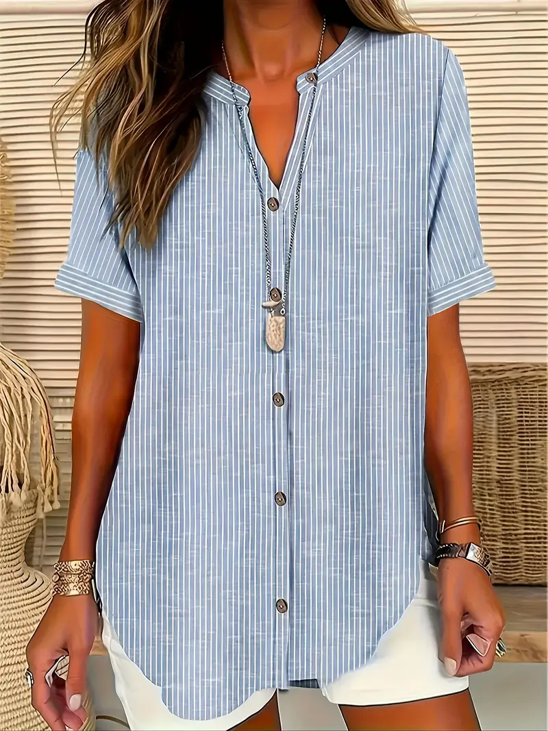 Plus Size Women's 1XL-5XL Fashion PStriped Print Button Decor Blouse Short Sleeved Shirt Simple Casual Loose Shirt Top