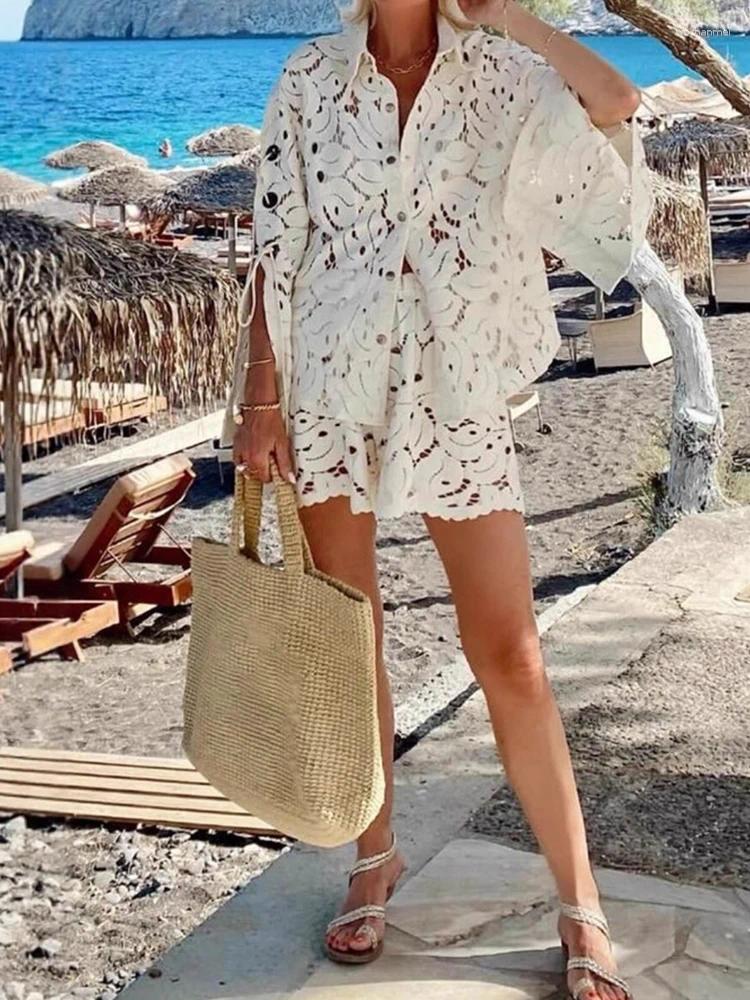 Women's Tracksuits Elegant Pure Color Vacation Two Piece Fall Lace Long Sleeve Set Chic Turn Down Collar Hollow Out Up Shirts Shorts Sets
