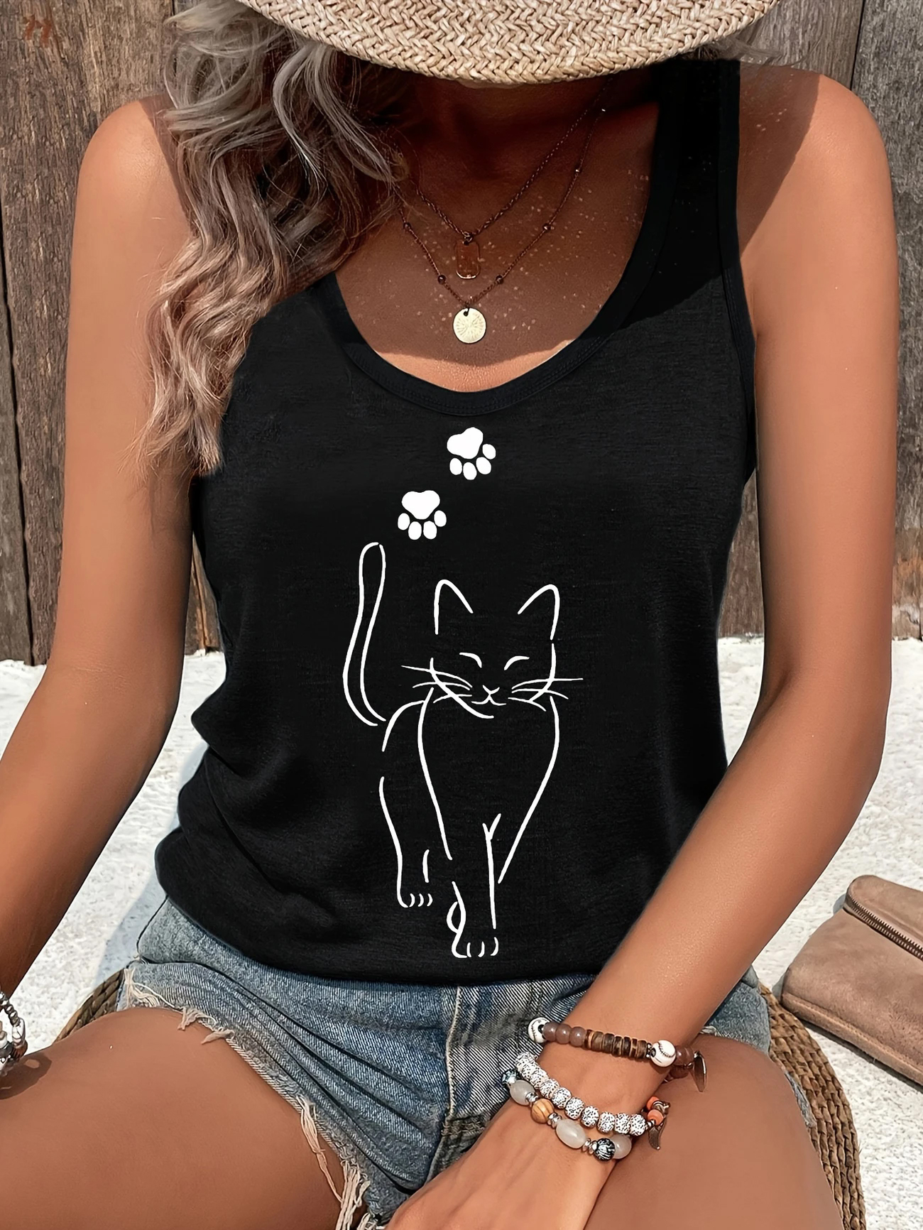 T-shirt Cat Kawaii Design Printed Vest Graphic Print Tank Top Womenâs Sleeveless Crew Neck Casual Top for Summer Spring