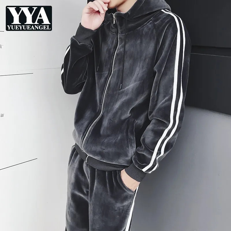 Fashion Sets Mens Autumn Winter Hooded Casual Sportswear Sweatpants Running Pants Korean Style Vintage Male Two-Piece Suit 250728