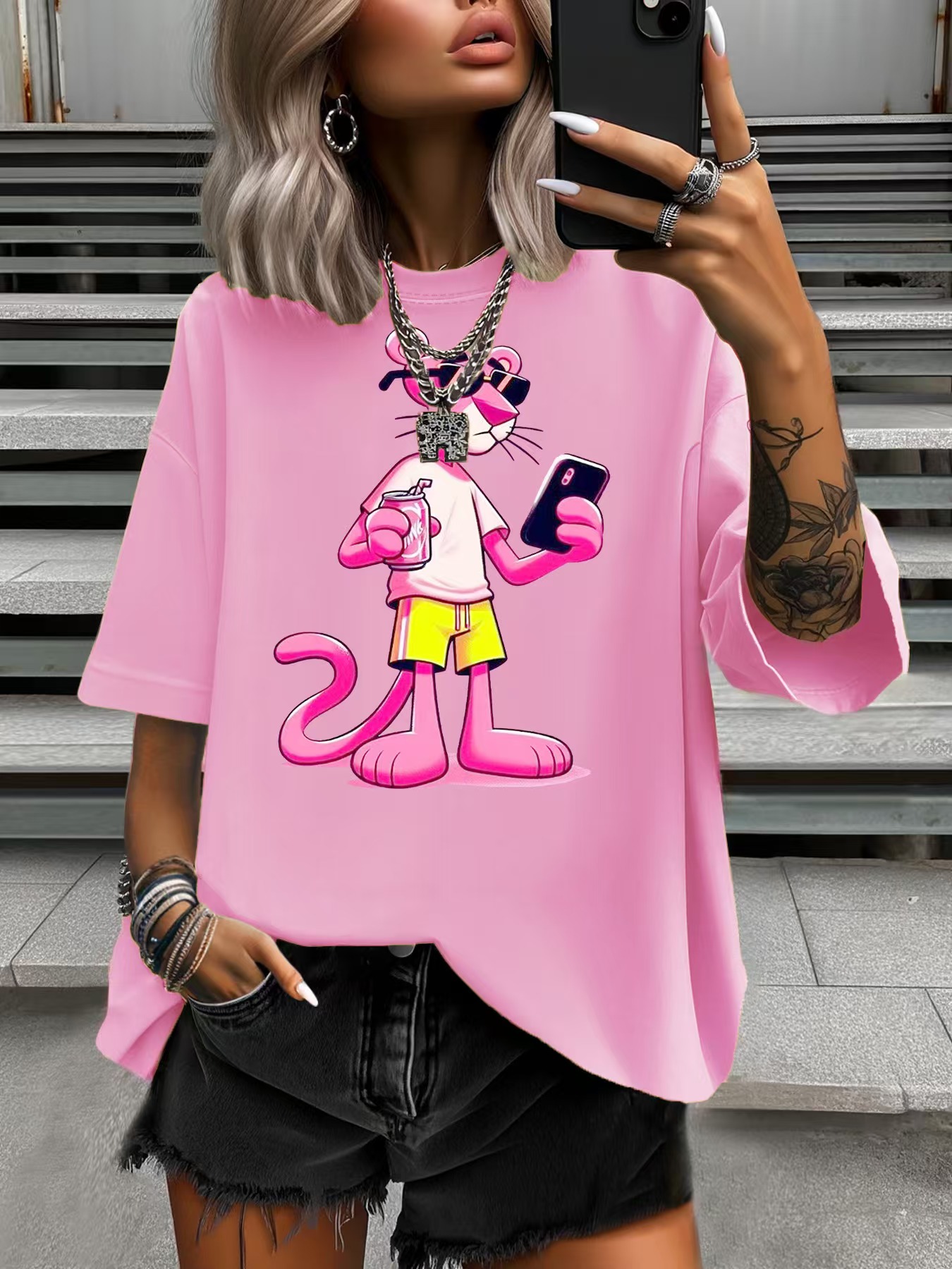 Summer Women's Plus Size T-Shirt Original Design Fashion Pink Sunglasses Leopard Women's Casual Round Neck Short Sleeved Tops