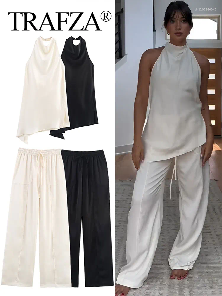 Women's Two Piece Pants TRAFZA Elegant Trousers Sets Asymmetrical Backless Halter Top Elastic Waist Drawstring Wide Leg Pant Casual Lady