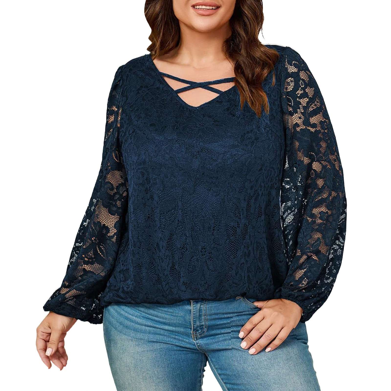 Plus size lace patchwork long sleeved T-shirt women's fashion solid color cross v neck top spring autumn casual pullover tops