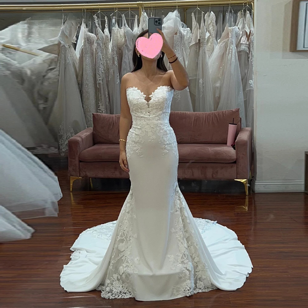 classic 3dfloral appliques wedding dresses strapless sweetheart for women mermaid satin bride sweep train custom made color size