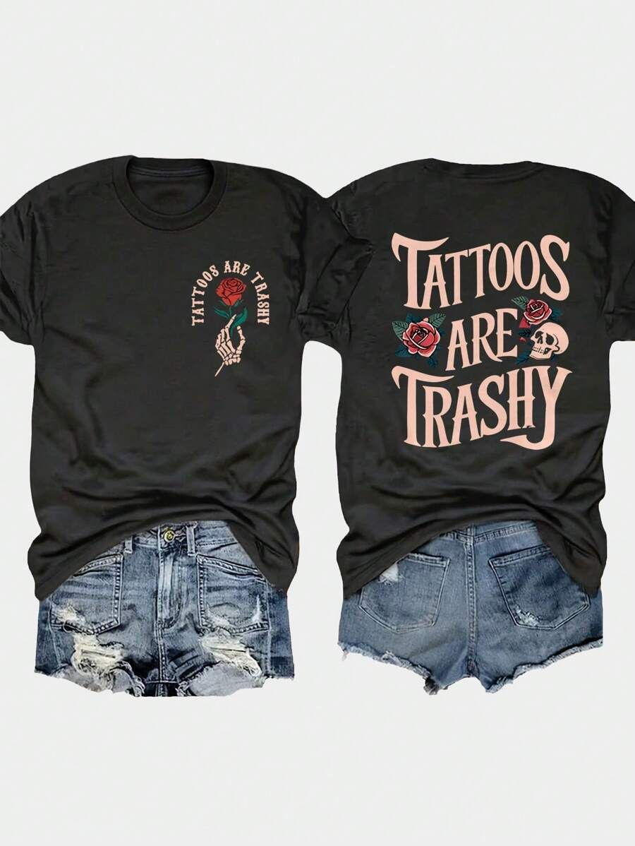 Plus - Size Women Skull & Rose Graphic Round Neck Short Sleeve T-Shirt, Casual Daily Fashionable Versatile Top
