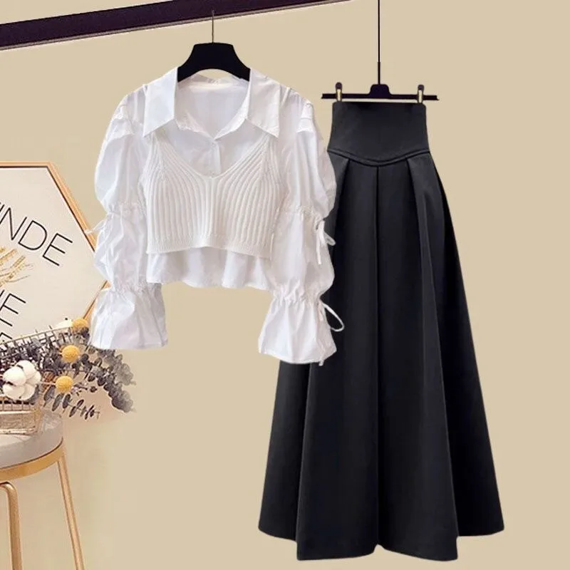 Plus Size Autumn Set New 2025 Slimming Shirt Loose Half Skirt Three Piece Set Meat Covering Fashionable Chinese Brand Women's We