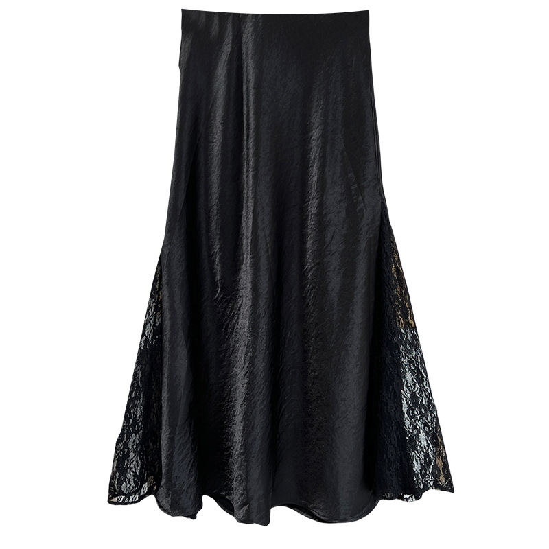 100KG Summer New Plus Size Women's Long Skirts Fashionable And Elegant High Waisted Lace Patchwork Acetate Satin Skirt F445