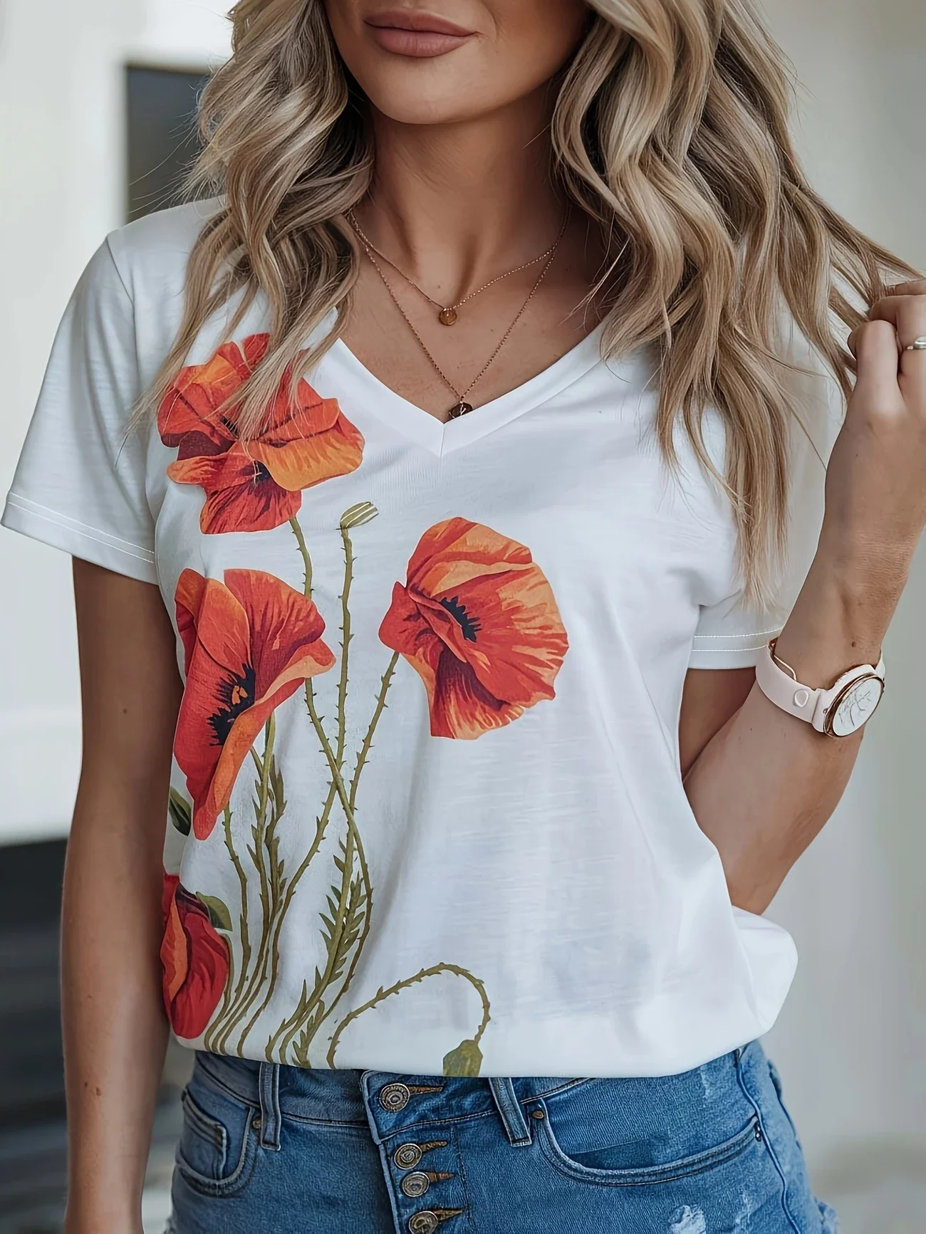Plus Size 1XL-5XL Women's Fashion All-Season Floral Print Short Sleeve T-Shirt Women V-Neck Casual Comfort T-shirt