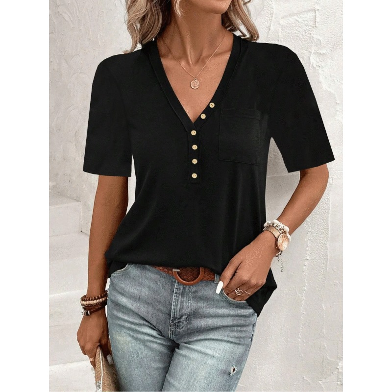 Plus Size 0XL-5XL Women's Casual New Fashionable Solid Color Button Short Sleeved Comfortable T-shirt