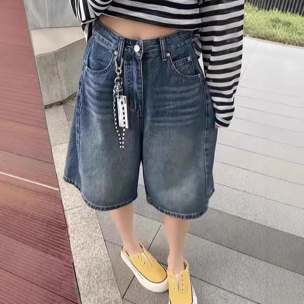 High Waist Korean Style Women's Jeans Summer New plus Size Wide Leg Pants Five Parts Trousers for Pear Shaped Body Trendy