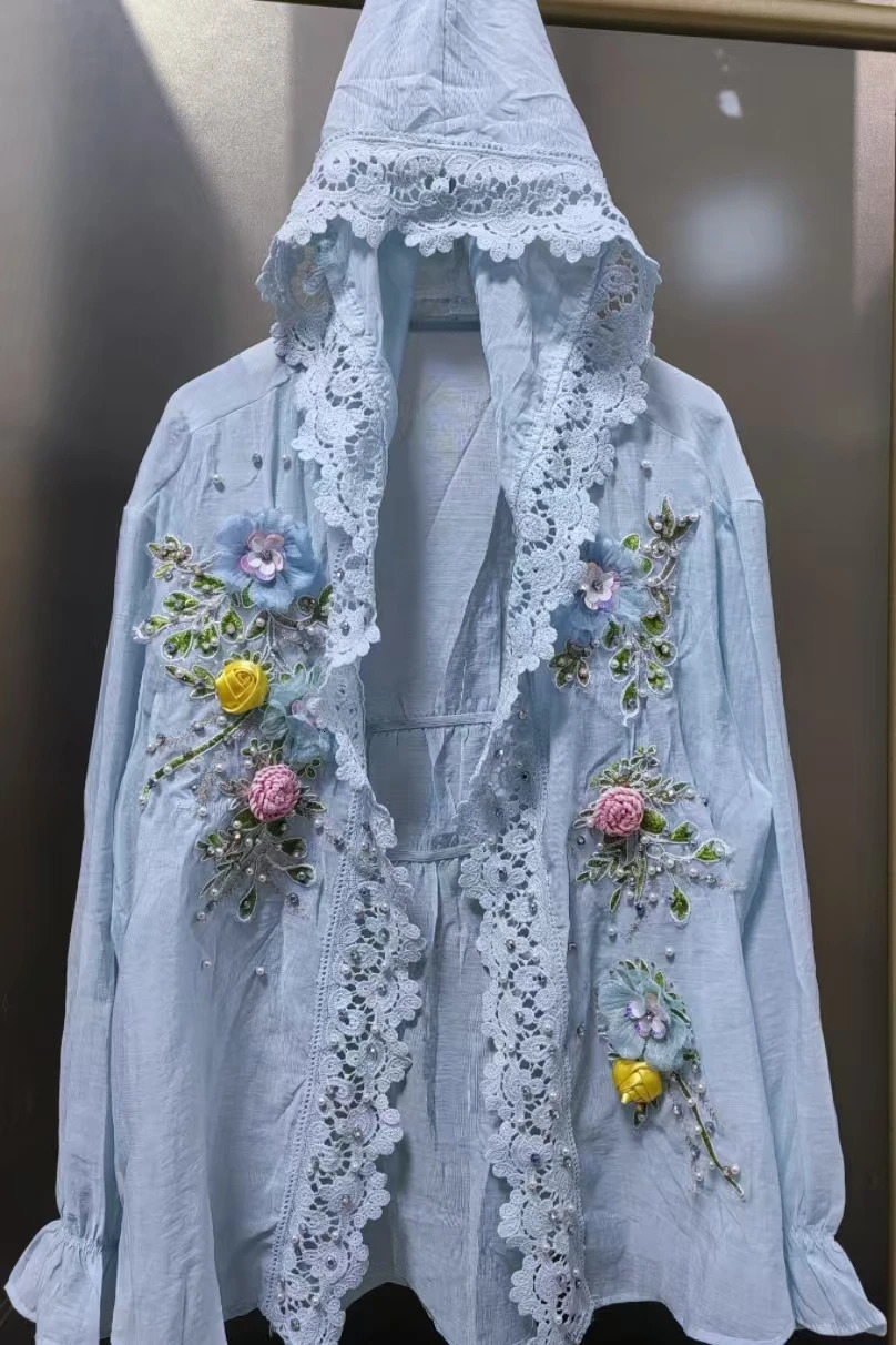 3D Flowers Stitch Beaded Cotton Linen Open Hooded Cardigan Top for Women Spring Summer Midlength Sunscreen Shirt Blouse 250730